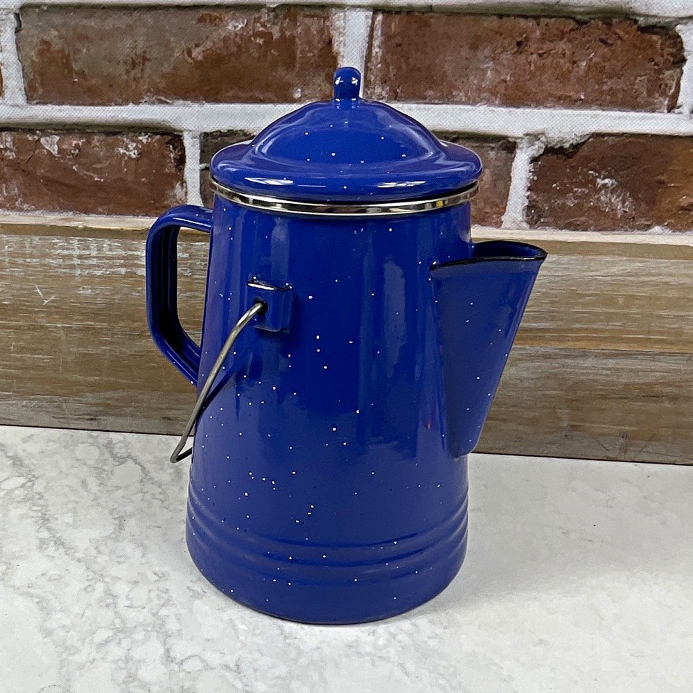 Blue Enamel Camping Coffee Percolator w/ Lid & Insert 8 in Tall Round Pot - NEW